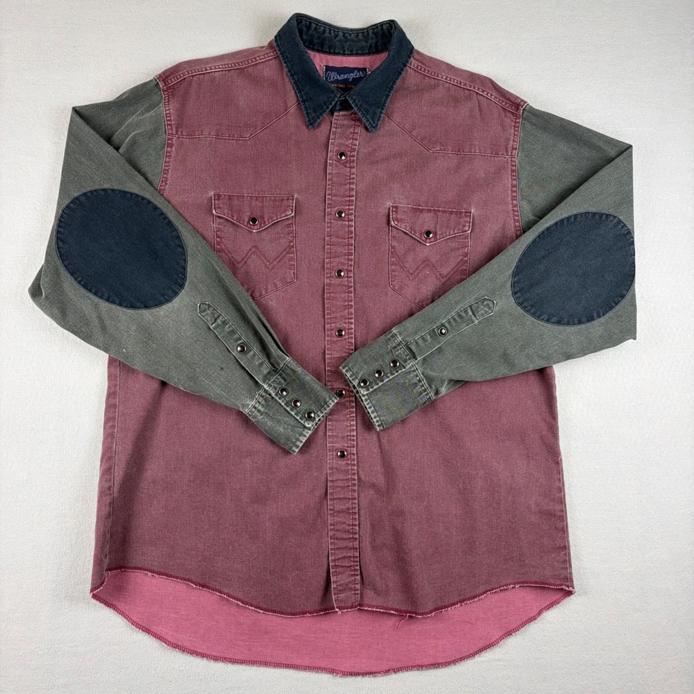 VTG Wrangler Western Snap Shirt Mens XL Long Tails Colorblock Elbow Patch USA